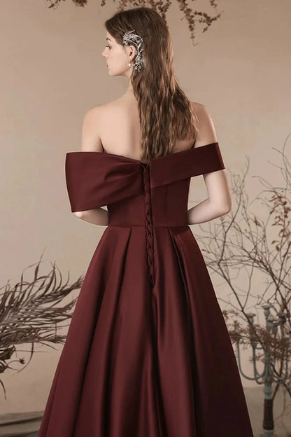 LOVECCRLovely Burgundy Satin Off Shoulder Party Dress, Satin Simple Long Prom Dress