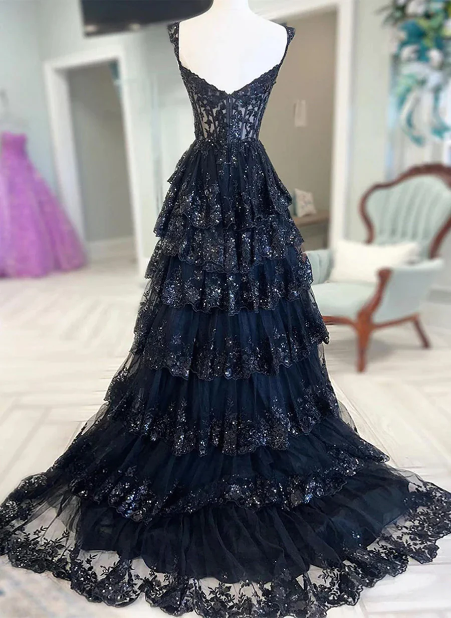 LOVECCRNavy Blue Tulle A-line Sweetheart Party Dress, Navy Blue Prom Dress Evening Dress