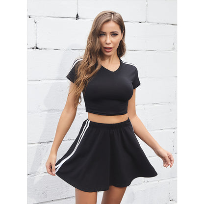 LOVECCR 2025 outdoor short-sleeved top short skirt casual sports suit women's summer fashion short striped sweater two-piece set