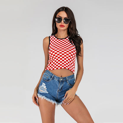 LOVECCR 2025 New  short open-navel slim-fitting sleeveless vest checkerboard knitted bottoming tank top women