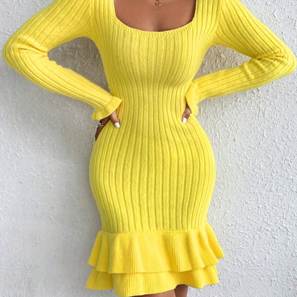 Stylish Ribbed Knit Bodycon Sweater Dress - Elegant Long Sleeve Square Neck, Ruffle Hem, Soft and Cozy, Women's Clothing for Winter, Autumn, and Casual Occasions