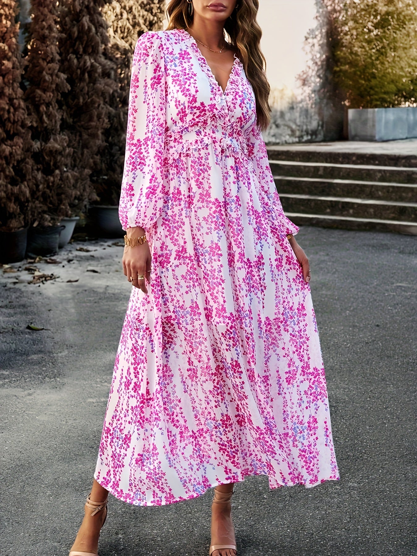 Spring-Fall Floral Midi Dress - Elegant Lantern Sleeves & Feminine Surplice Neckline - Versatile Casual Women’s Wear