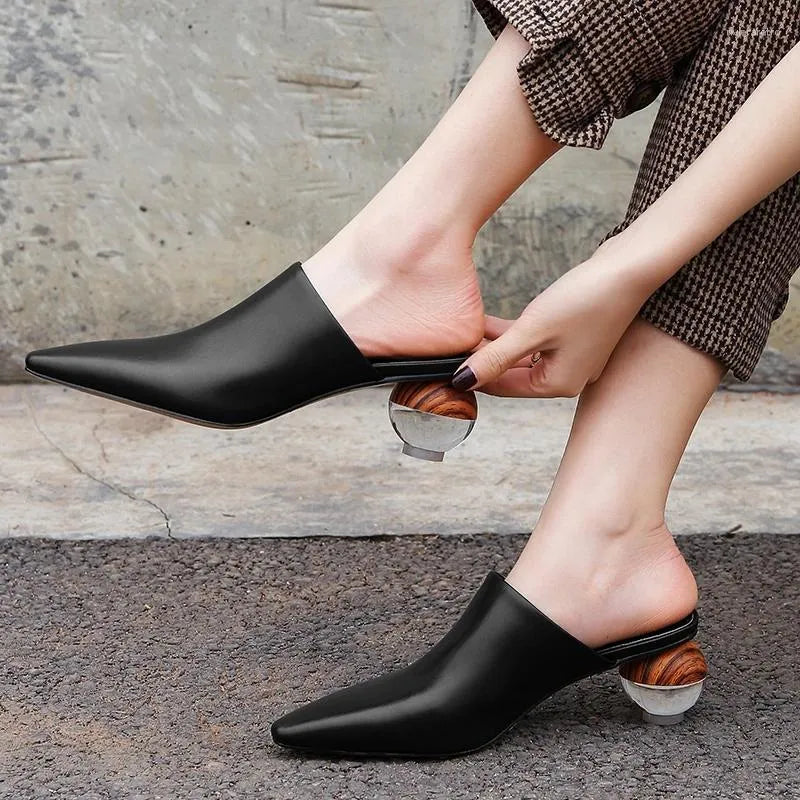 Slippers ORCHA LISA Woman Real Cow Leather Shoes Pointed Toe Mules Ball Clear Heels Sheepskin Summer Pantoufle