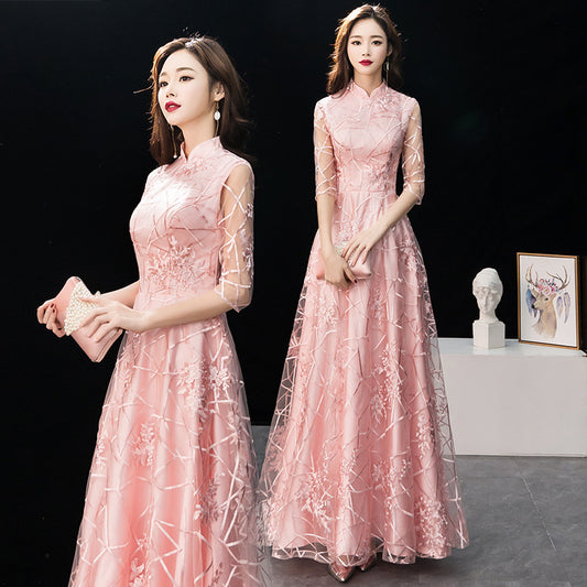 LOVECCR New Spring Concise Elegant Chinese Style Bridesmaid Dress Toast Dress Pink Chinese Style Long Banquet Evening Dress