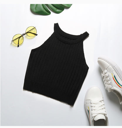 LOVECCR 2025 popular sports short vest women's summer neck-hanging knitted slim-fitting tube top small suspender sleeveless open-button top