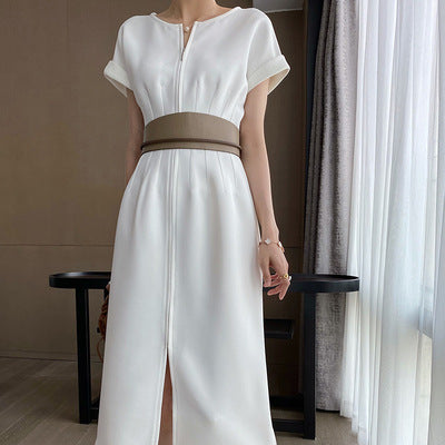 LOVECCR Celebrity Style a Sense of Sculpture White Tea Skirt Temperament Goddess Style Design Sense Waist Slimming Long Dress Summer