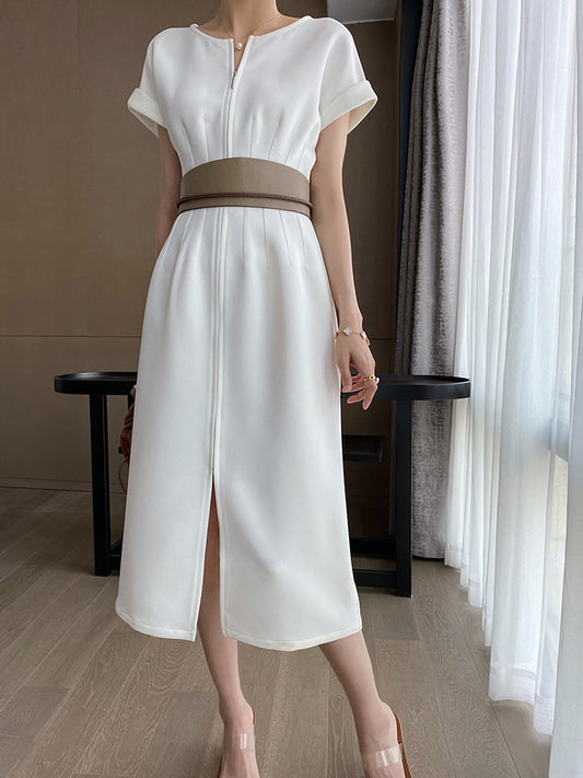 LOVECCR Celebrity Style a Sense of Sculpture White Tea Skirt Temperament Goddess Style Design Sense Waist Slimming Long Dress Summer