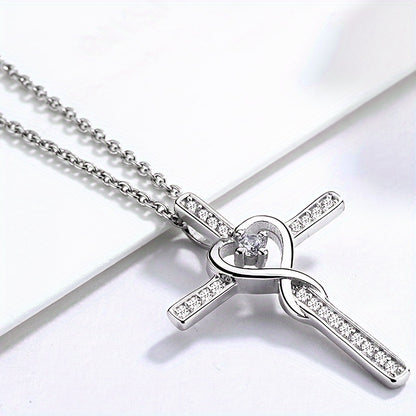 2PCS 925 Sterling Silver Women's Chain Necklace With Cross Pendant, Hypoallergenic Necklace Gift Fashion Cross Religious Belief Inlaid Zircon Pendant