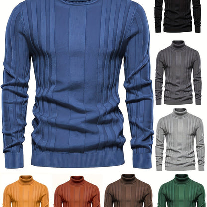 Cozy High Neck Knitted Sweater - Soft High Stretch Polyester Fabric, Long Sleeve, Regular Fit, Machine Washable, Solid Color Pullover for Men - Perfect for Spring and Fall Seasons