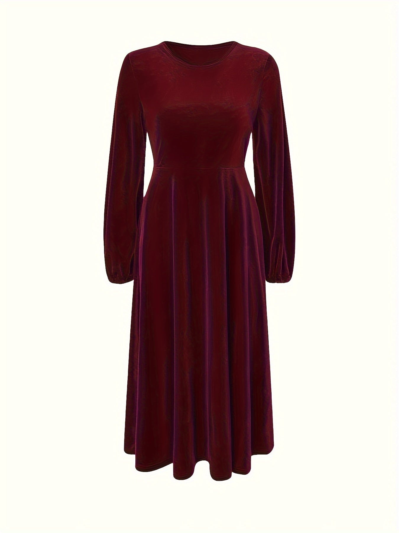 Chic Plus Size Velvet Tunic Dress - Elegant Lantern Sleeves, Crew Neck for Casual Fall/Winter Style