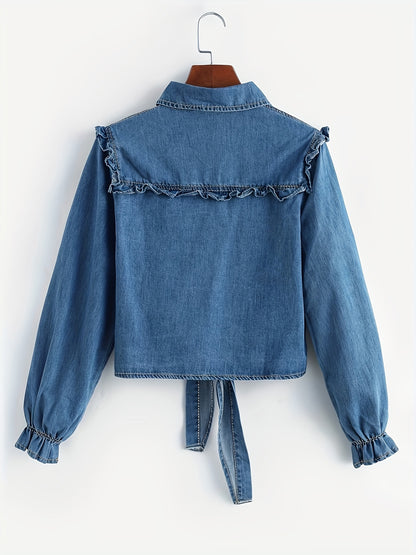 Frilled Knot Front Flounce Sleeve Denim Shirt Top, Lapel Patch Pocket Elegant Denim Top, Women's Denim Jeans & Clothing