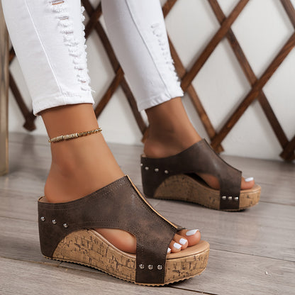 Womens Solid Hue Platform Sandals - Effortless Slip-On, Soft Sole Comfort, Glamorous Studded Decor, Breathable Side Cut Outs, Height-Boosting Wedge - Perfect for Summer