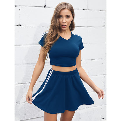 LOVECCR 2025 outdoor short-sleeved top short skirt casual sports suit women's summer fashion short striped sweater two-piece set