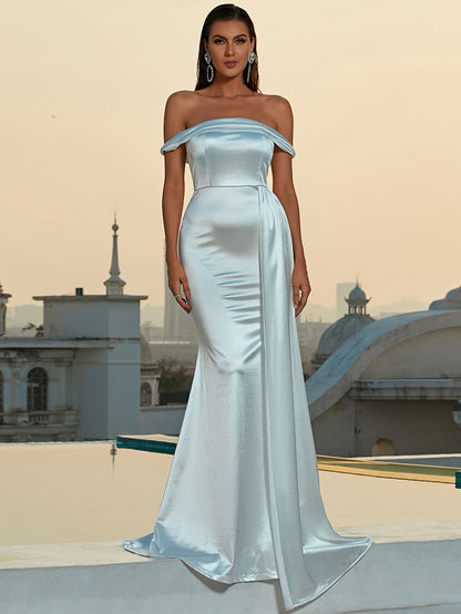 Solid-Colored Off Shoulder Dress - Exquisitely Elegant with Daring Backless Design, Beautifully Ruched Details, Flattering Slim-Fit Silhouette, and Flowing Floor-Length Hem - Perfect for Bridesmaids and Formal Occasions, Womens Formal Wear