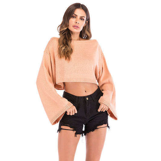 LOVECCR popular  New 2025 autumn flared sleeve open navel knitted sweater one-word collar short sexy long-sleeved sweater