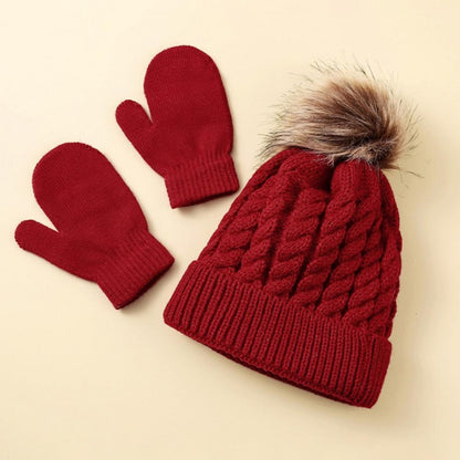 Winter Knit Beanie, Scarf And Mittens Set For Kids, Unisex Casual Warmth Hat, Scarf And Gloves With Pom-Pom, Cozy Autumn Accessories For Boys And Girls, For Outdoor Play