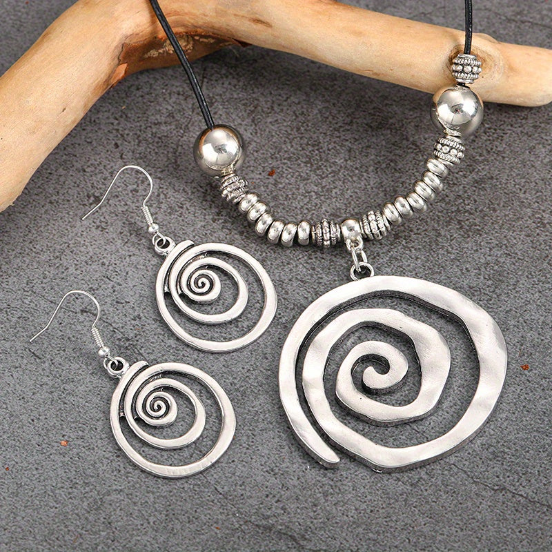 1 Pair of Statement Earrings + 1 Bold Necklace - Bohemian Chic Spiral Design Jewelry Set for Daily Wear, Vacation, and Party - Retro Tribal Accessories with Alloy Material and Unique Plating