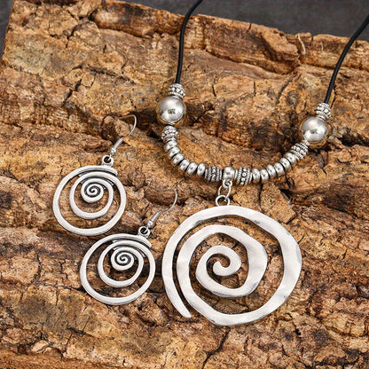 1 Pair of Statement Earrings + 1 Bold Necklace - Bohemian Chic Spiral Design Jewelry Set for Daily Wear, Vacation, and Party - Retro Tribal Accessories with Alloy Material and Unique Plating