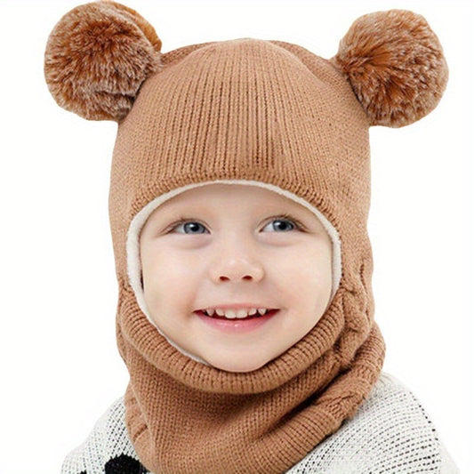 1pc Cozy And Stylish Winter Hat Scarf With Ear Protection For Kids, Unisex Knitted Yarn Child Headgear