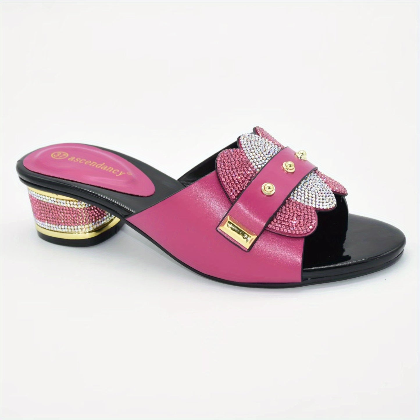 Chic Rhinestone-Embellished Open-Toe Sandals - Comfy Microfiber Leather Slip-Ons with Low Block Heel for Stylish All-Season Wear