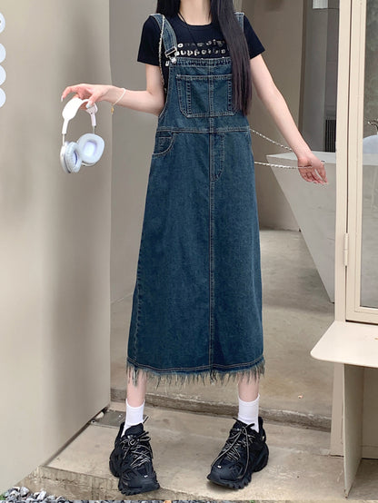 Raw Trim Washed Denim Overall Dress, Non-Stretch Casual Denim Dress, Women's Denim Clothing