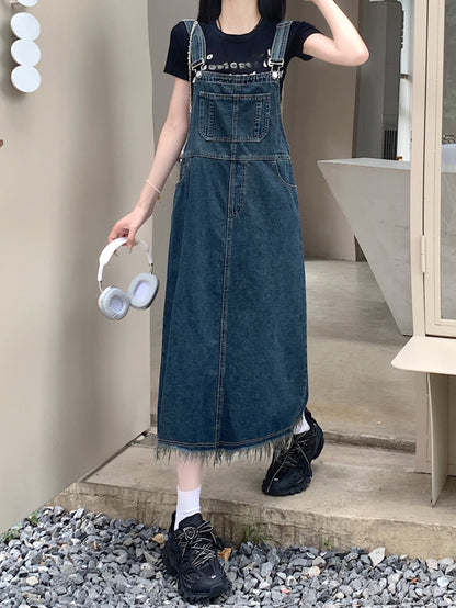 Raw Trim Washed Denim Overall Dress, Non-Stretch Casual Denim Dress, Women's Denim Clothing