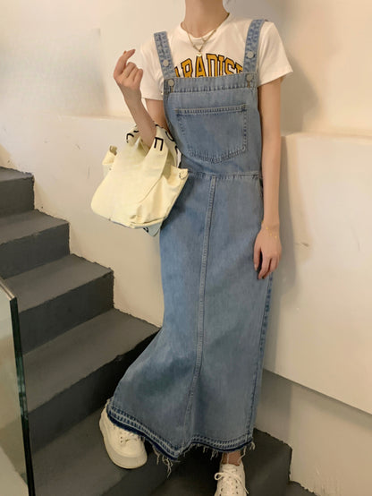 Raw Hem Light Washed Blue Denim Overall Dress, Patch Pocket Retro Loose Fit Denim Dress, Women's Denim Jeans & Clothing