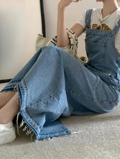 Raw Hem Light Washed Blue Denim Overall Dress, Patch Pocket Retro Loose Fit Denim Dress, Women's Denim Jeans & Clothing