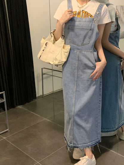 Raw Hem Light Washed Blue Denim Overall Dress, Patch Pocket Retro Loose Fit Denim Dress, Women's Denim Jeans & Clothing