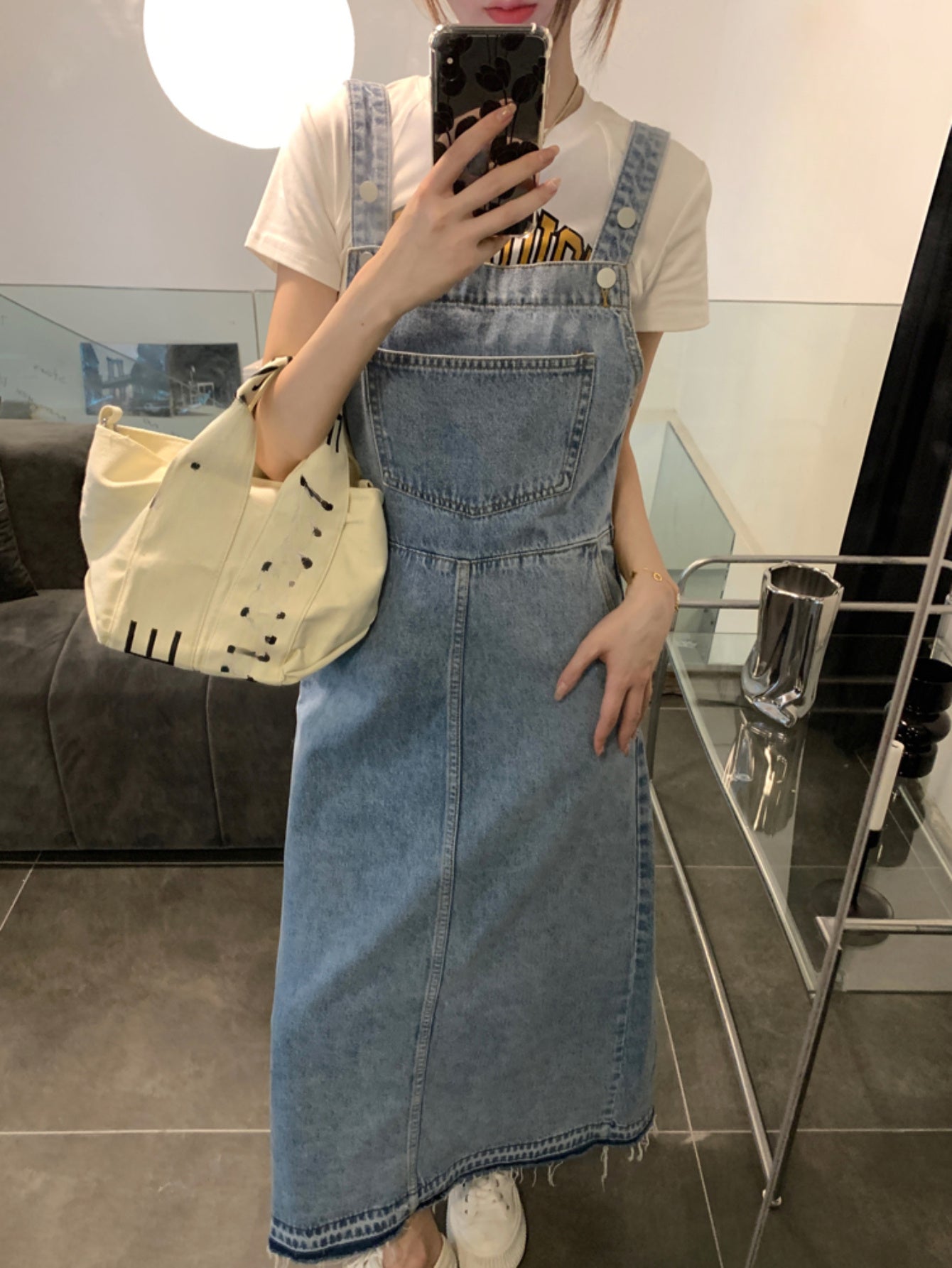 Raw Hem Light Washed Blue Denim Overall Dress, Patch Pocket Retro Loose Fit Denim Dress, Women's Denim Jeans & Clothing