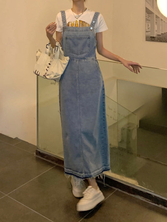 Raw Hem Light Washed Blue Denim Overall Dress, Patch Pocket Retro Loose Fit Denim Dress, Women's Denim Jeans & Clothing