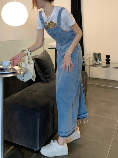 Raw Hem Light Washed Blue Denim Overall Dress, Patch Pocket Retro Loose Fit Denim Dress, Women's Denim Jeans & Clothing