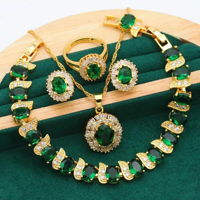 Stud Earrings + Ring + Necklace + Bracelet Elegant Jewelry Set 18k Gold Plated Inlaid Emerald Stone Wedding Jewelry Gifts For Eid