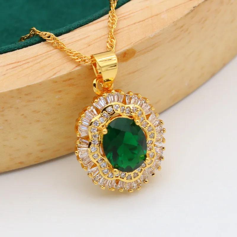 Stud Earrings + Ring + Necklace + Bracelet Elegant Jewelry Set 18k Gold Plated Inlaid Emerald Stone Wedding Jewelry Gifts For Eid