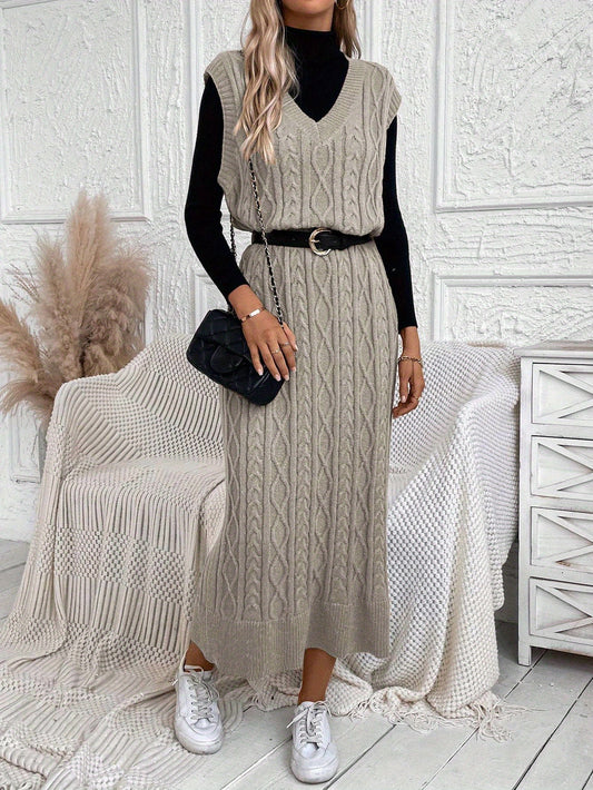 Cozy Cable Knit Sweater Dress - Elegant Sleeveless V-Neck Maxi Dress with Relaxed Fit, Soft and Warm Fabric, Perfect for Casual Daily Wear, Women's Clothing, No Belt Included