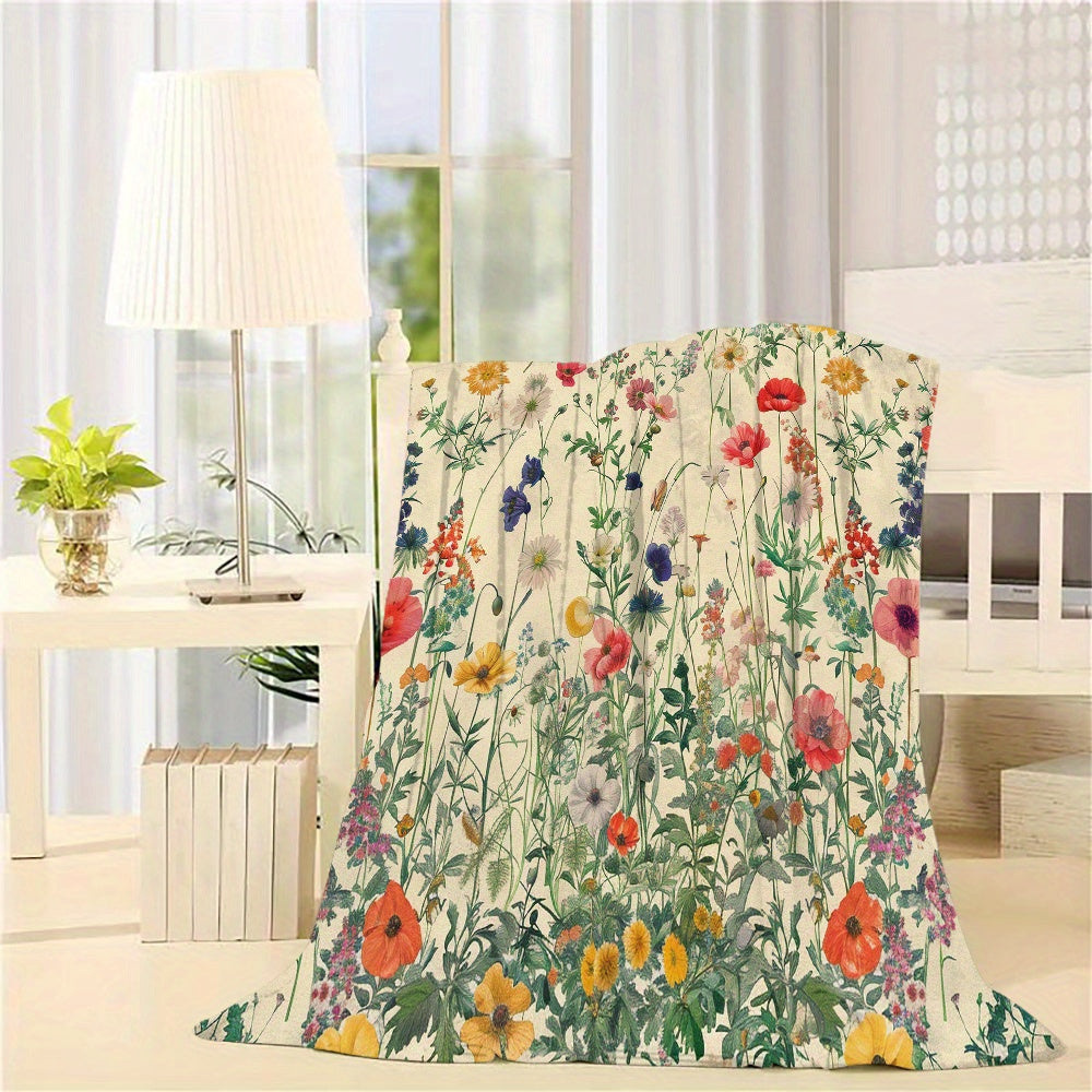 Floral Series Flannel Fleece Throw Blanket - All-Season Lightweight Soft Cozy Polyester - Woven Contemporary Style for Sofa, Couch - Printed Bloom Pattern - Versatile Gift Blanket