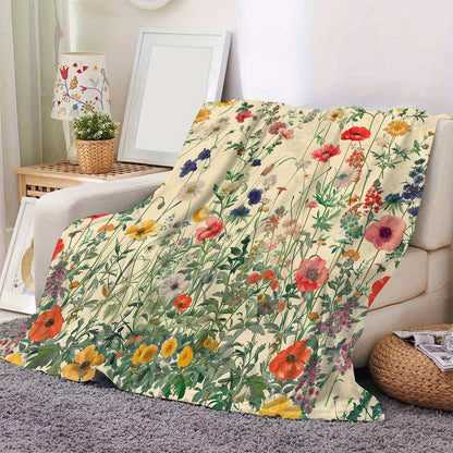 Floral Series Flannel Fleece Throw Blanket - All-Season Lightweight Soft Cozy Polyester - Woven Contemporary Style for Sofa, Couch - Printed Bloom Pattern - Versatile Gift Blanket