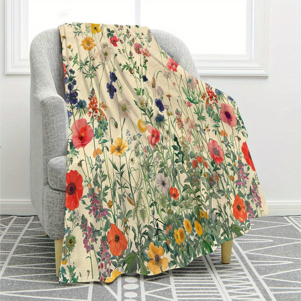 Floral Series Flannel Fleece Throw Blanket - All-Season Lightweight Soft Cozy Polyester - Woven Contemporary Style for Sofa, Couch - Printed Bloom Pattern - Versatile Gift Blanket