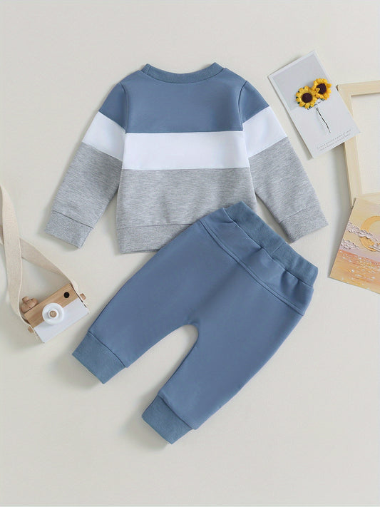 2-Piece Toddler Boys' Cozy Outfit Set - Soft Contrast Color Long Sleeve Sweatshirt with Round Neck, Elastic Waist Pants for Spring and Fall - Casual, Comfortable, and Adorable Clothing for Little Boys