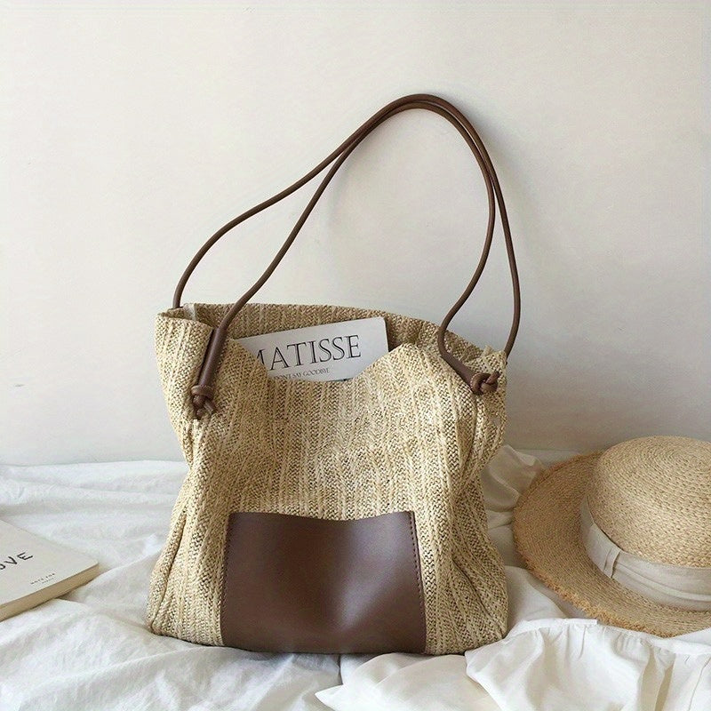 Summer new fashion woven basket bag against color grass bucket bag handbag shoulder crossbody bag