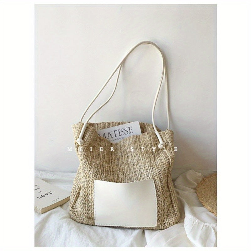 Summer new fashion woven basket bag against color grass bucket bag handbag shoulder crossbody bag