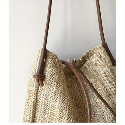 Summer new fashion woven basket bag against color grass bucket bag handbag shoulder crossbody bag