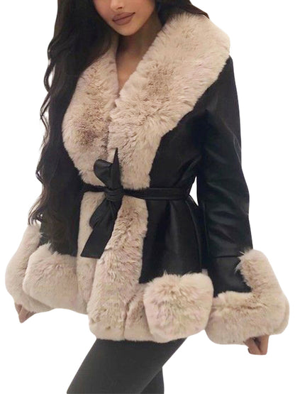 Women Open Front Jacket Casual Contrast Color Plush Collar Warm Cardigan with Belt Outwear Streetwear