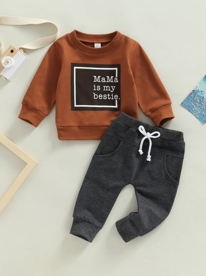 2-Piece Baby Boys' Fashionable Fall Layette Set - Soft Long Sleeve Crew Neck Letter Print Pullover Top and Elastic Waist Pants with Pocket - Comfortable and Adorable Outfit for Little Ones