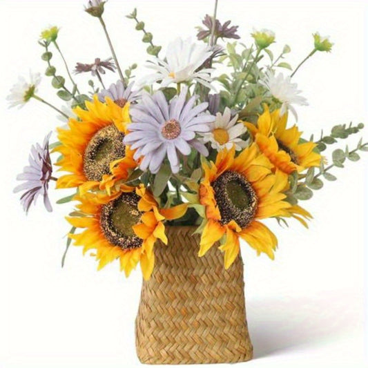 Leftover Fake Sunflowers in Wicker Vase, Sunflowers Artificial Flowers in Vase, Silk Fake Flowers with Vase, Table Centerpiece Decor, Faux Flowers Arrangement for Home Kitchen, Dining Living Room