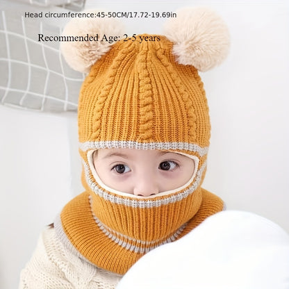 Kids 3-6 Years Knit Beanie with Pom Poms - Textile Blend, Hand Washable, Warm Woolly Winter Hat with Integrated Scarf - Velvet Lined for Extra Warmth