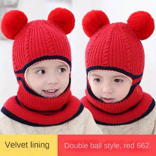 Kids 3-6 Years Knit Beanie with Pom Poms - Textile Blend, Hand Washable, Warm Woolly Winter Hat with Integrated Scarf - Velvet Lined for Extra Warmth