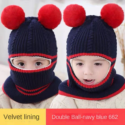 Kids 3-6 Years Knit Beanie with Pom Poms - Textile Blend, Hand Washable, Warm Woolly Winter Hat with Integrated Scarf - Velvet Lined for Extra Warmth