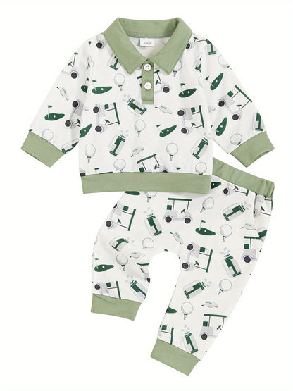 2-Piece Toddler Baby Boys' Adorable Golf Print Outfit - Layette Sets with Turn-Down Collar, Long Sleeve Sweatshirts, and Long Pants for Fall Season, Soft and Cozy Clothes for Everyday Wear