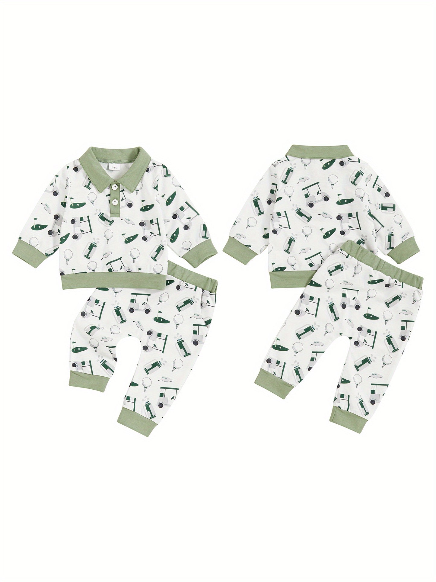 2-Piece Toddler Baby Boys' Adorable Golf Print Outfit - Layette Sets with Turn-Down Collar, Long Sleeve Sweatshirts, and Long Pants for Fall Season, Soft and Cozy Clothes for Everyday Wear